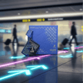 Maison Alhambra Luxe Journey by Maison Alhambra – 100 ml Unisex, a blue perfume bottle with intricate geometric patterns and a blue box with similar patterns, displayed on a floor with glowing neon arrows in an airport terminal setting. | Maison Alhambra Luxe Journey by Maison Alhambra – 100 ml Unisex, sebotol minyak