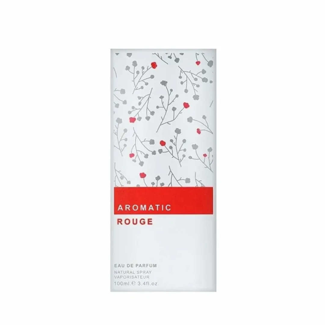 Maison Alhambra Aromatic Rouge — White perfume bottle with a floral pattern of grey branches and red flowers, and a red band with white text "AROMATIC ROUGE" | Maison Alhambra Aromatic Rouge — Botol minyak wangi putih dengan corak bunga dahan kelabu dan bunga merah, dan jalur merah dengan teks putih "AROMATIC ROUGE"