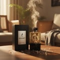 Maison Alhambra Avant by Maison Alhambra 100ml EDP Men — A black box and a cracked glass perfume bottle with smoke and glitter rising from it, set on a wooden table with shattered glass pieces. | Maison Alhambra Avant by Maison Alhambra 100ml EDP Men — Kotak hitam dan botol minyak wangi kaca retak dengan asap dan