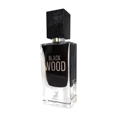 Maison Alhambra Black Wood 60ml by Maison Alhambra EDP for Men — A clear glass perfume bottle with a black cap and black liquid inside, featuring the text "BLACK WOOD" in silver. A small deer logo is visible at the bottom of the bottle. | Maison Alhambra Black Wood 60ml by Maison Alhambra EDP for Men — Botol minyak