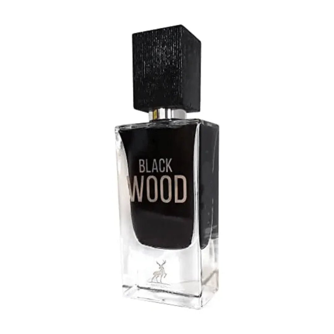 Maison Alhambra Black Wood 60ml by Maison Alhambra EDP for Men — A clear glass perfume bottle with a black cap and black liquid inside, featuring the text "BLACK WOOD" in silver. A small deer logo is visible at the bottom of the bottle. | Maison Alhambra Black Wood 60ml by Maison Alhambra EDP for Men — Botol minyak