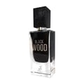 Maison Alhambra Black Wood 60ml by Maison Alhambra EDP for Men — A clear glass perfume bottle with a black cap and black liquid inside, featuring the text "BLACK WOOD" in silver. A small deer logo is visible at the bottom of the bottle. | Maison Alhambra Black Wood 60ml by Maison Alhambra EDP for Men — Botol minyak