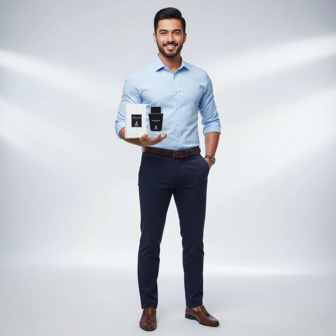 Maison Alhambra Dark Door Sport Men 100ml EDP — Man in light blue shirt and navy pants holding a white box and a black perfume bottle | Maison Alhambra Dark Door Sport Men 100ml EDP — Lelaki berbaju biru muda dan seluar navy memegang kotak putih dan botol minyak wangi hitam