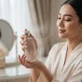 Maison Alhambra Delilah Blanc by Maison Alhambra 100ml EDP — Woman in a silk robe holding a frosted glass perfume bottle, spraying it lightly | Maison Alhambra Delilah Blanc by Maison Alhambra 100ml EDP — Wanita berbaju sutera memegang botol minyak wangi kaca beku, menyemburkannya sedikit