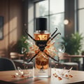 Maison Alhambra Ebene by Maison Alhambra Perfume 90 ml EDP — A clear glass perfume bottle with a black cap, filled with amber liquid, is surrounded by shattered glass, vanilla pods, and amber droplets, set on a wooden table. | Maison Alhambra Ebene by Maison Alhambra Perfume 90 ml EDP — Botol minyak wangi kaca jernih