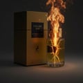 Maison Alhambra Exclusif Oud by Maison Alhambra 100 ml Unisex — A glass perfume bottle with golden liquid and cracked glass, emitting bright orange flames and sparks, stands next to its matching gold box on a dark background. | Maison Alhambra Exclusif Oud by Maison Alhambra 100 ml Unisex — Botol minyak wangi kaca