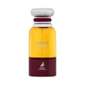Maison Alhambra Flaming Elixir — A bottle of amber and burgundy Eau de Parfum stands next to its matching burgundy box with a white label. | Maison Alhambra Flaming Elixir — Sebotol Eau de Parfum berwarna kuning dan burgundy berdiri di sebelah kotak burgundy yang sepadan dengan label putih.