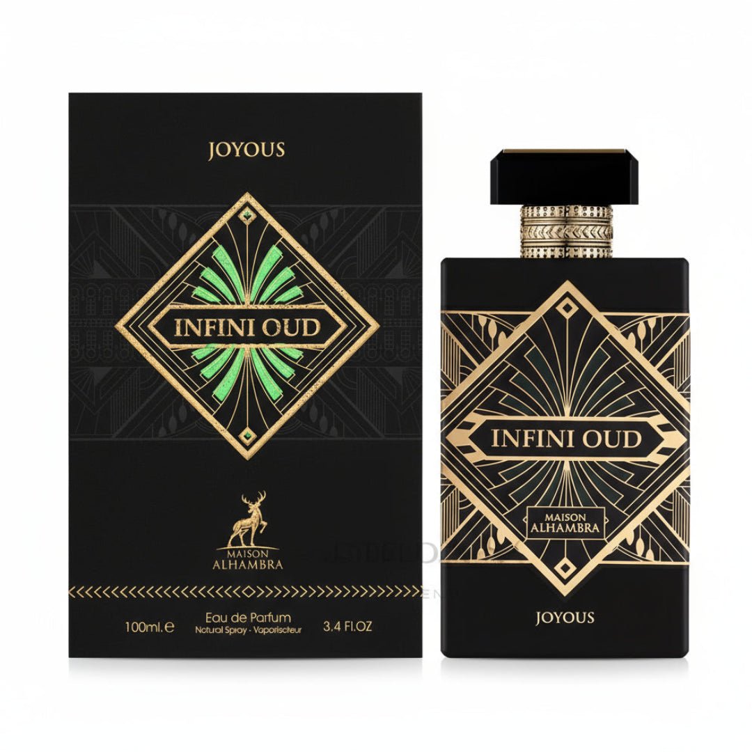 Maison Alhambra Infini Oud Joyous – Black perfume box and bottle with gold geometric art deco design and green accents. | Maison Alhambra Infini Oud Joyous – Kotak dan botol minyak wangi hitam dengan reka bentuk art deco geometri emas dan aksen hijau.