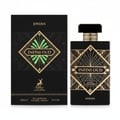 Maison Alhambra Infini Oud Joyous – Black perfume box and bottle with gold geometric art deco design and green accents. | Maison Alhambra Infini Oud Joyous – Kotak dan botol minyak wangi hitam dengan reka bentuk art deco geometri emas dan aksen hijau.