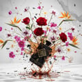 Maison Alhambra Infini Oud by Maison Alhambra Man 100ml EDP — A black perfume bottle exploding with amber liquid and dark shards, surrounded by red roses, white orchids, pink flowers, and bird of paradise flowers against a marble background. | Maison Alhambra Infini Oud by Maison Alhambra Man 100ml EDP — Botol minyak