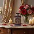 Maison Alhambra Infini Rose by Maison Alhambra 100ml EDP Unisex — A purple perfume bottle with a gold geometric label sits on a marble surface, surrounded by lit candles and red rose petals, with a bouquet of red and pink roses in the background. | Botol minyak wangi ungu dengan label geometri emas terletak di atas