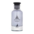 Maison Alhambra Jean Lowe Matiere — Clear glass perfume bottle with a black cap and a silver base, featuring a black leaf logo and a deer silhouette | Maison Alhambra Jean Lowe Matiere — Botol minyak wangi kaca jernih dengan penutup hitam dan tapak perak, menampilkan logo daun hitam dan siluet rusa