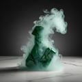 Maison Alhambra Luxe Bold — A shattered green bottle with smoke swirling around it, resting on a marble surface. | Maison Alhambra Luxe Bold — Botol hijau pecah dengan asap berputar di sekelilingnya, diletakkan di atas permukaan marmar.