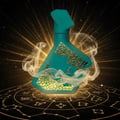 Maison Alhambra Luxe Emerald Perfume Maison Alhambra 100ml Unisex — A teal perfume bottle with gold geometric patterns and a deer silhouette, surrounded by smoke and glowing astrological symbols on a starry background. | Botol minyak wangi teal dengan corak geometrik emas dan siluet rusa, dikelilingi asap dan simbol