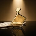 Maison Alhambra Luxe Gold by Maison Alhambra – 100 ml Unisex — A geometric gold perfume bottle with intricate circular patterns sits on a reflective black surface next to a white satin glove, illuminated by a spotlight from above. | Maison Alhambra Luxe Gold by Maison Alhambra – 100 ml Unisex — Botol minyak wangi emas