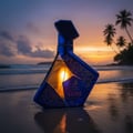 Maison Alhambra Luxe Nightlife by Maison Alhambra Unisex 100 ml — A blue and gold geometric perfume bottle sits on a wet sandy beach at sunset, with waves in the background and palm trees silhouetted against the orange sky. | Maison Alhambra Luxe Nightlife by Maison Alhambra Unisex 100 ml — Botol minyak wangi biru dan