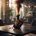 Maison Alhambra Luxe Street — A broken perfume bottle with smoke emanating from it, shattered glass pieces scattered on a table in a cafe setting. | Maison Alhambra Luxe Street — Botol minyak wangi pecah dengan asap keluar daripadanya, serpihan kaca bertaburan di atas meja dalam suasana kafe.