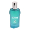 Maison Alhambra Glacier Pour Homme — A frosted teal glass perfume bottle with a silver cap, featuring white text "GLACIER "POUR HOMME"" and a white deer silhouette logo above "MAISON ALHAMBRA". | Maison Alhambra Glacier Pour Homme — Botol kaca pewangi berwarna teal beku dengan penutup perak, menampilkan teks putih
