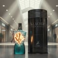 Maison Alhambra Glacier Pour Homme — A teal, hourglass-shaped perfume bottle with a glowing, cracked design revealing golden elements, stands next to a tall, black cylindrical bottle with 'GLACIER POUR HOMME' text. | Maison Alhambra Glacier Pour Homme — Botol minyak wangi berwarna teal berbentuk jam pasir dengan