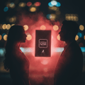 Maison Alhambra Opera Noir by Maison Alhambra 100ml EDP — Silhouettes of a man and woman facing each other with a glowing perfume bottle between them, set against a bokeh city lights background. | Maison Alhambra Opera Noir by Maison Alhambra 100ml EDP — Siluet lelaki dan wanita berhadapan dengan botol minyak wangi