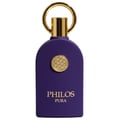 Maison Alhambra Philos Pura — A matte deep purple perfume bottle with a gold circular emblem and a gold cap with a ring | Maison Alhambra Philos Pura — Botol minyak wangi ungu gelap matte dengan lambang bulat emas dan penutup emas dengan cincin