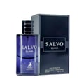 Maison Alhambra Salvo Elixir – A dark blue glass perfume bottle with a black cap stands next to its matching dark blue box, both featuring the SALVO ELIXIR branding and a deer logo on the bottle. | Maison Alhambra Salvo Elixir – Botol kaca biru gelap dengan penutup hitam berdiri di sebelah kotak biru gelap yang