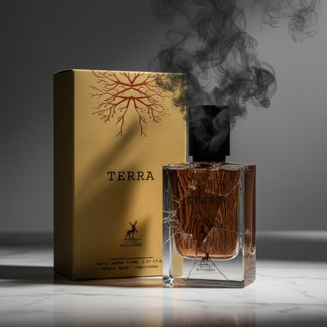 Maison Alhambra Terra – A glass perfume bottle with a wood-grain design and cracked glass effect, emitting dark smoke, stands next to its golden box with a tree root design. | Maison Alhambra Terra – Botol minyak wangi kaca dengan rekaan bijian kayu dan kesan kaca retak, mengeluarkan asap gelap, berdiri di sebelah