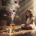 Maison Alhambra Toro Pour Homme Glace – A young girl in a white dress sits cross-legged on a wooden floor, smiling as flowers and mist erupt from a broken glass perfume bottle. | Maison Alhambra Toro Pour Homme Glace – Seorang gadis muda berbaju putih duduk bersila di lantai kayu, tersenyum melihat bunga dan kabut