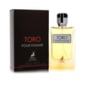 Maison Alhambra Toro Pour Homme — A black box with red text and a deer logo stands next to a clear glass perfume bottle with yellow liquid and a silver cap. | Maison Alhambra Toro Pour Homme — Kotak hitam dengan teks merah dan logo rusa berdiri di sebelah botol minyak wangi kaca jernih dengan cecair kuning dan penutup