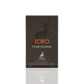Maison Alhambra Toro Pour Homme — A dark brown box with a silhouette of a stag and the text "TORO POUR HOMME" in orange and white. Below is a smaller stag logo and product details. | Maison Alhambra Toro Pour Homme — Kotak coklat gelap dengan siluet rusa jantan dan teks "TORO POUR HOMME" dalam oren dan putih. Di