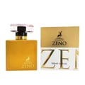 Maison Alhambra Zeno – Gold rectangular perfume bottle with a clear faceted cap and gold accents, next to its gold and white presentation box with a deer logo and 'ZENO' text. | Maison Alhambra Zeno – Botol minyak wangi emas segi empat dengan penutup faset jernih dan aksen emas, bersebelahan dengan kotak