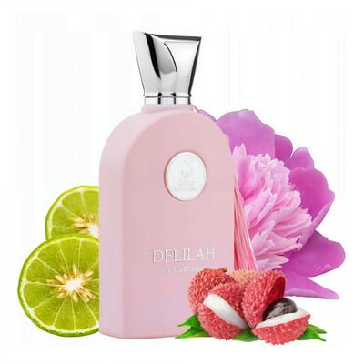 Maison Alhambra Delilah Pour Femme EDP 100ml – Women’s Perfume — A pink perfume bottle with a silver cap is surrounded by sliced bergamot, lychee fruits, and a pink peony flower. | Maison Alhambra Delilah Pour Femme EDP 100ml – Women’s Perfume — Botol minyak wangi merah jambu dengan penutup perak dikelilingi oleh