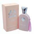 Maison Alhambra Delilah Pour Femme EDP 100ml – Women’s Perfume | A light pink perfume bottle with a silver cap and a pink tassel sits next to its matching light pink box, both featuring silver horse and circular emblem graphics. | Maison Alhambra Delilah Pour Femme EDP 100ml – Minyak Wangi Wanita | Botol minyak wangi