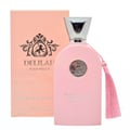 Maison Alhambra Delilah Pour Femme EDP 100ml – Women’s Perfume | A pink perfume bottle with a silver cap and a pink tassel sits next to its matching pink box, both featuring a lion emblem. | Maison Alhambra Delilah Pour Femme EDP 100ml – Minyak Wangi Wanita | Botol minyak wangi merah jambu dengan penutup perak dan