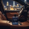 Maison Alhambra Maitre De Blue by Maison Alhambra 100ml for Men — A blue glass perfume bottle sits on the center console of a luxury car at night, with a blurred city skyline visible through the window. | Maison Alhambra Maitre De Blue by Maison Alhambra 100ml for Men — Botol kaca biru diletakkan di konsol tengah