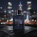 Maison Alhambra Maitre De Blue by Maison Alhambra 100ml for Men — A dark blue glass perfume bottle with a black cap sits on a black leather surface, with a blurred city skyline at night in the background. | Maison Alhambra Maitre De Blue by Maison Alhambra 100ml for Men — Botol kaca biru gelap dengan penutup hitam