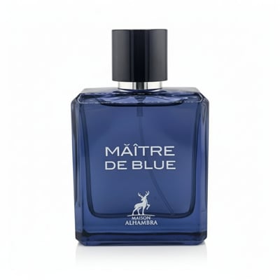 Maison Alhambra Maitre De Blue by Maison Alhambra 100ml for Men — A blue glass perfume bottle with a black cap, featuring white text "MAÎTRE DE BLUE" and a deer logo with "MAISON ALHAMBRA" below. | Maison Alhambra Maitre De Blue by Maison Alhambra 100ml for Men — Botol kaca biru dengan penutup hitam, menampilkan teks