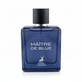Maison Alhambra Maitre De Blue by Maison Alhambra 100ml for Men — A blue glass perfume bottle with a black cap, featuring white text "MAÎTRE DE BLUE" and a deer logo with "MAISON ALHAMBRA" below. | Maison Alhambra Maitre De Blue by Maison Alhambra 100ml for Men — Botol kaca biru dengan penutup hitam, menampilkan teks
