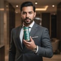 Maison Alhambra Sceptre Malachite by Maison Alhambra 100ml — Man in a grey suit holding a green and gold perfume bottle, looking at the camera. | Maison Alhambra Sceptre Malachite by Maison Alhambra 100ml — Lelaki berbaju kelabu memegang botol minyak wangi hijau dan emas, memandang ke arah kamera.