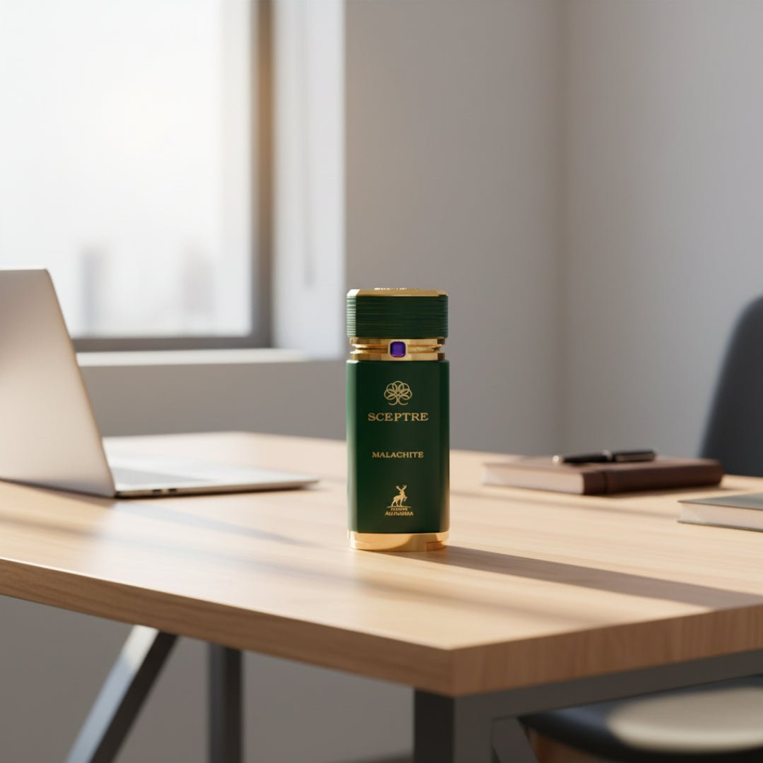 Maison Alhambra Sceptre Malachite — Green bottle with gold accents and a purple gem on a wooden desk next to a laptop and notebook | Maison Alhambra Sceptre Malachite — Botol hijau dengan aksen emas dan permata ungu di atas meja kayu bersebelahan komputer riba dan buku nota