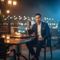 Maison Alhambra Glacier Bold by Maison Alhambra 100ml EDP — Man in a suit holding a perfume bottle at an outdoor restaurant at night with bokeh lights | Maison Alhambra Glacier Bold by Maison Alhambra 100ml EDP — Lelaki berbaju sut memegang botol minyak wangi di restoran luar pada waktu malam dengan lampu bokeh