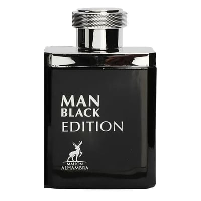 Maison Alhambra Man Black Edition — A black rectangular perfume bottle with a silver textured cap and silver trim. The front features white text 'MAN BLACK EDITION' and a white deer logo with 'MAISON ALHAMBRA' below. | Maison Alhambra Man Black Edition — Botol minyak wangi hitam berbentuk segi empat dengan penutup