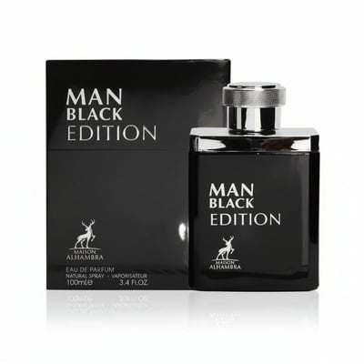 Maison Alhambra Man Black Edition — Black perfume box and bottle with silver cap and deer logo, set against a white background. | Kotak dan botol minyak wangi hitam Maison Alhambra Man Black Edition dengan penutup perak dan logo rusa, berlatar belakang putih.