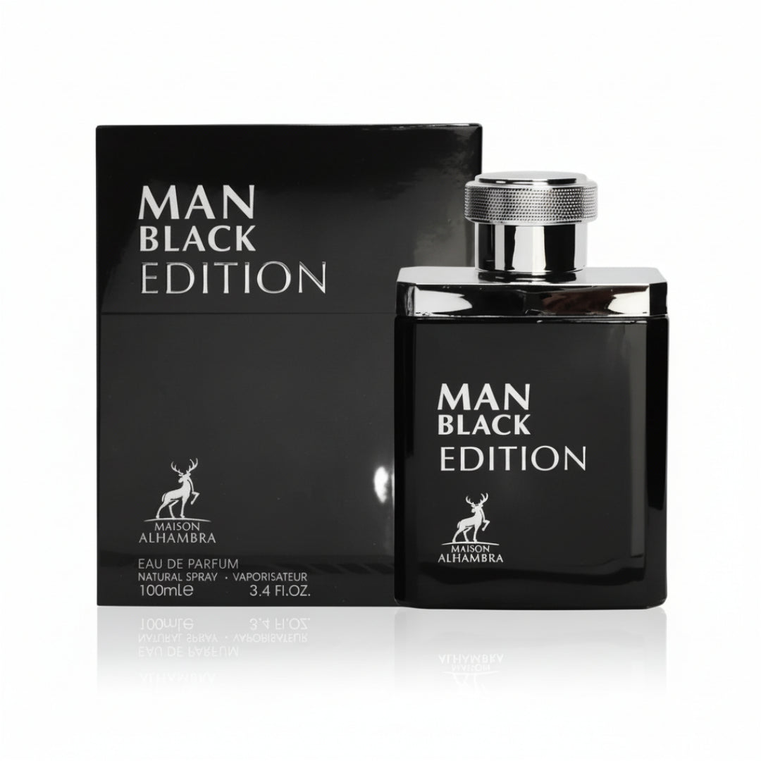 Maison Alhambra Man Black Edition — Black perfume box and bottle with silver cap and deer logo, set against a white background. | Kotak dan botol minyak wangi hitam Maison Alhambra Man Black Edition dengan penutup perak dan logo rusa, berlatar belakang putih.