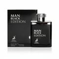Maison Alhambra Man Black Edition — Black perfume box and bottle with silver cap and deer logo, set against a white background. | Kotak dan botol minyak wangi hitam Maison Alhambra Man Black Edition dengan penutup perak dan logo rusa, berlatar belakang putih.
