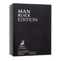 Maison Alhambra Man Black Edition — Black perfume box with white text 'MAN BLACK EDITION' and a deer logo. | Maison Alhambra Man Black Edition — Kotak minyak wangi hitam dengan teks putih 'MAN BLACK EDITION' dan logo rusa.