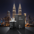 Maison Alhambra Man Black Edition — A black perfume bottle and its box are displayed in front of the illuminated Petronas Twin Towers at night. | Maison Alhambra Man Black Edition — Botol minyak wangi hitam dan kotaknya dipamerkan di hadapan Menara Berkembar Petronas yang diterangi pada waktu malam.