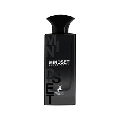 Maison Alhambra Mindset Eau de Parfum — A black perfume bottle and its white and black patterned box are displayed against a white background. The box features bold black lettering for 'MINDSET' and a deer logo. | Maison Alhambra Mindset Eau de Parfum — Botol minyak wangi hitam dan kotaknya yang bercorak hitam putih