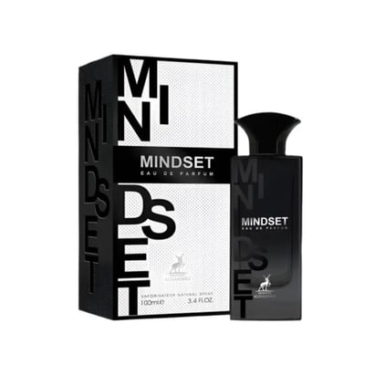 Maison Alhambra Mindset Eau de Parfum — A black perfume bottle and its white and black patterned box are displayed against a white background. The box features bold black lettering for 'MINDSET' and a deer logo. | Maison Alhambra Mindset Eau de Parfum — Botol minyak wangi hitam dan kotaknya yang bercorak hitam putih