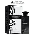 Maison Alhambra Mindset Eau de Parfum — A black perfume bottle and its white and black patterned box are displayed against a white background. The box features bold black lettering for 'MINDSET' and a deer logo. | Maison Alhambra Mindset Eau de Parfum — Botol minyak wangi hitam dan kotaknya yang bercorak hitam putih